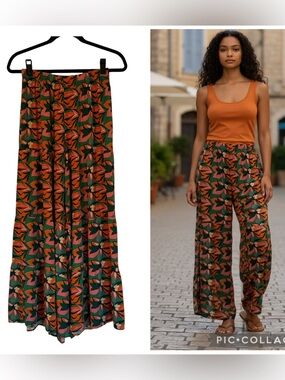 Natural Life Tropical Floral Tiered Wide Leg Palazzo Pants Green Multi Size S